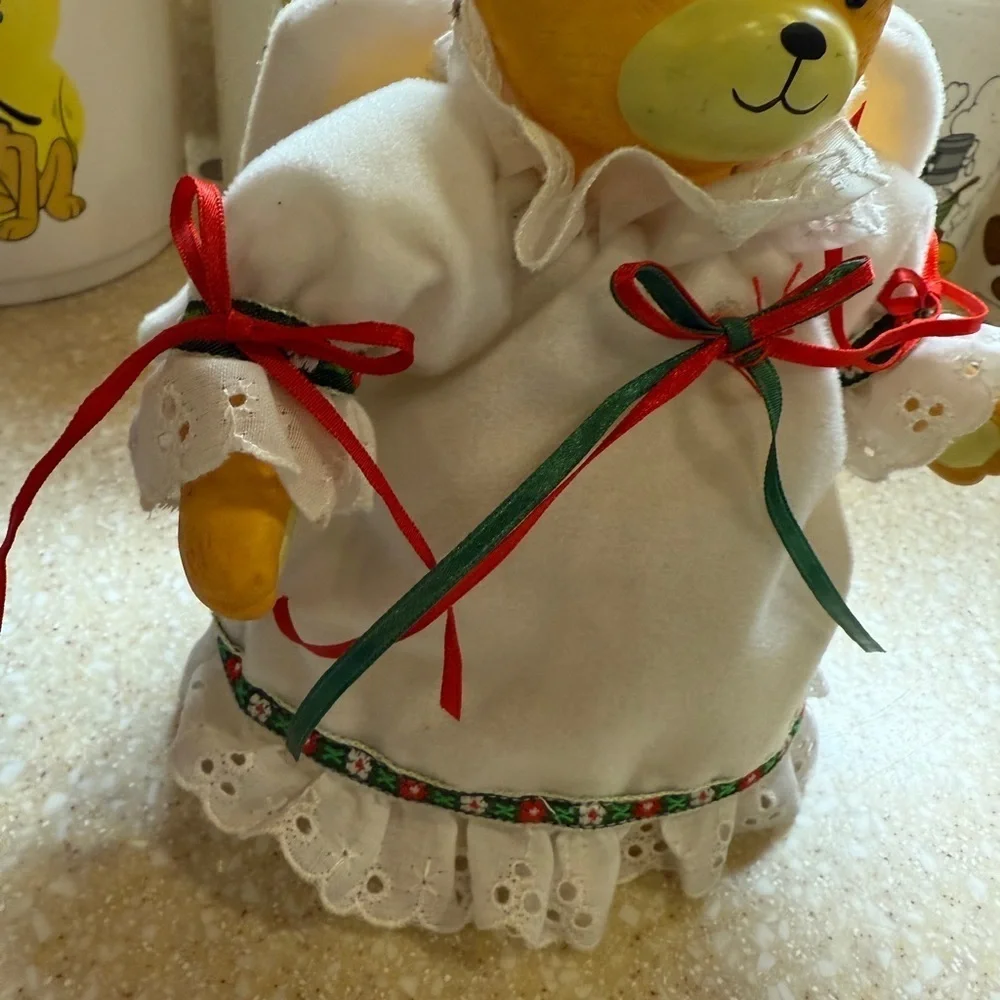 Vintage Angel Christmas Tree Topper Teddy Bear Figurine w/ Holiday White Dress